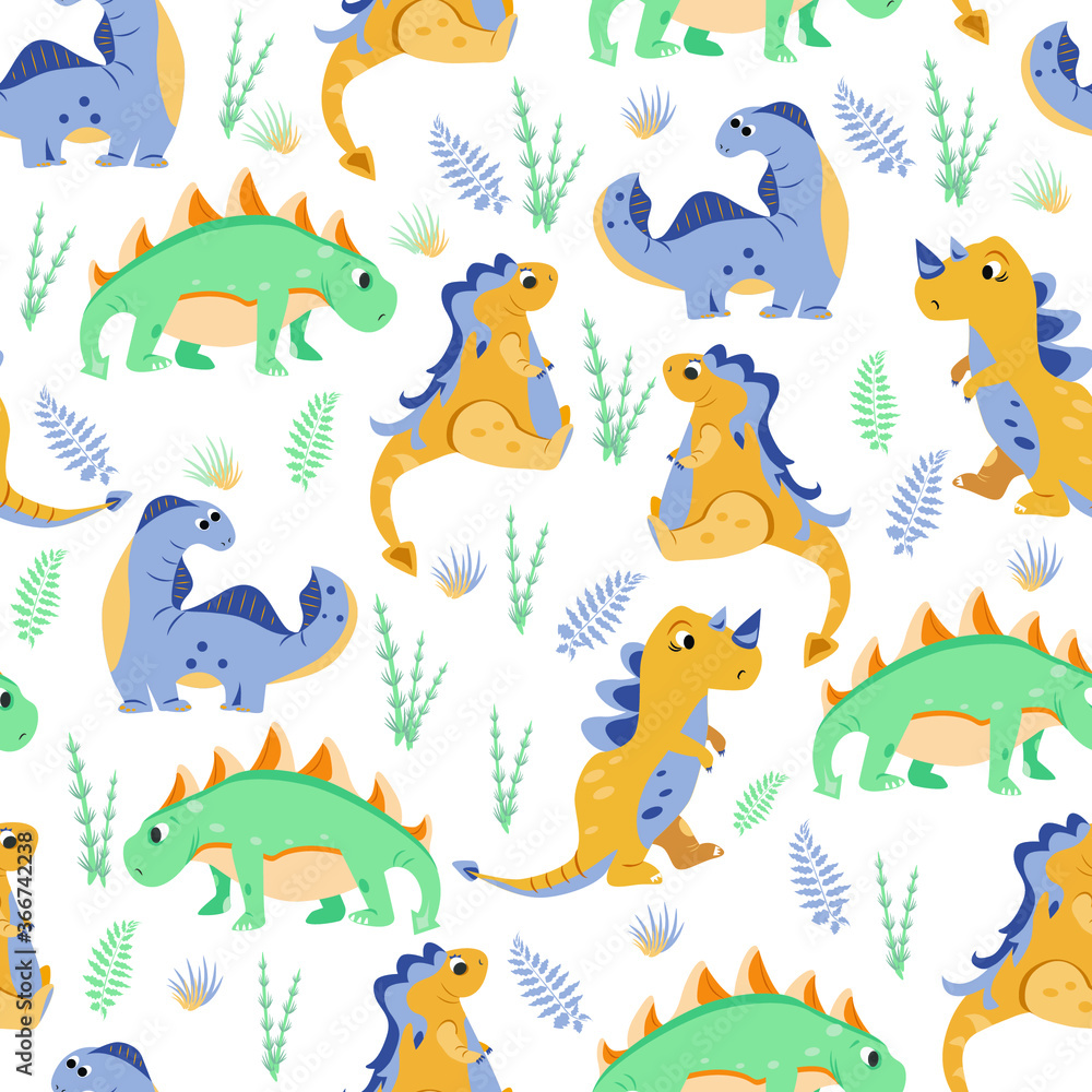 Plakat wektor bezszwowe wzory z dinozaurami i paprociami. tekstura dla dzieci z motywami kreskówek i roślinami. wzory do ozdabiania tkanin i odzieży dziecięcej
