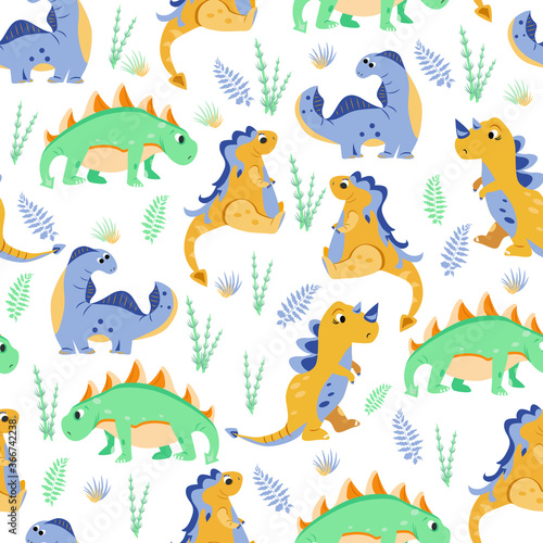 vector seamless patterns with dinosaurs and ferns. texture for children with cartoon motives and plants. patterns for decorating fabrics and children's clothing © Tatsiana