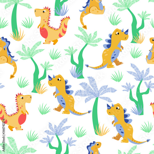 vector seamless patterns with dinosaurs and ferns. texture for children with cartoon motives and plants. patterns for decorating fabrics and children s clothing
