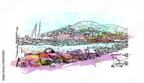 Building view with landmark of Hydra town is the capital and main harbour of the island of Hydra. Watercolor splash with hand drawn sketch illustration in vector.