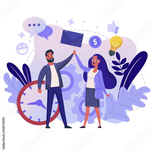 Partnership and Teamwork flat illustration. Team and Project Management color design. Two Persons, High Five and Clock with Gears vector colorful metaphor, isolated on white background.