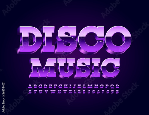 Vector party template Disco Music. Violet metallic Font. Reflective 3D modern Alphabet Letters and Numbers