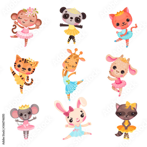 Fototapeta Naklejka Na Ścianę i Meble -  Cute Animals in Ballerina Dresses Dancing Vector Illustration Set