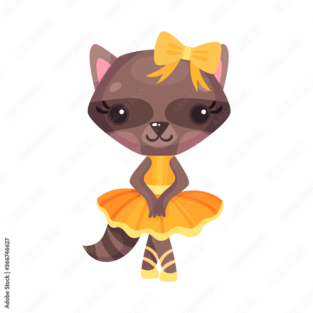 Smiling Raccoon in Ballerina Dress and Bow on Head Dancing Vector Illustration