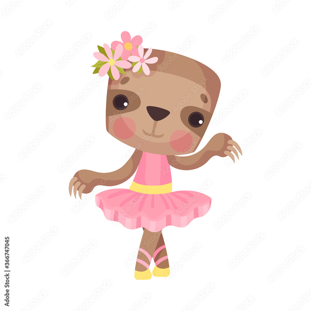 Cute Sloth in Ballerina Dress and Floral Head Decoration Dancing Vector Illustration Cute Sloth in Ballerina Dress and Floral Head Decoration Dancing Vector Illustration