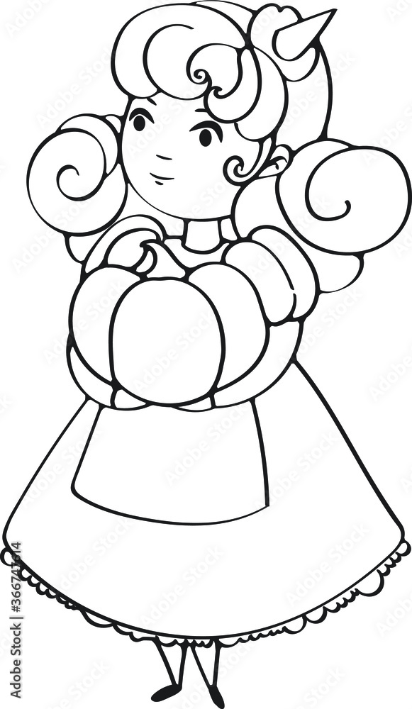 Fototapeta premium Outline doodle illustration character little halloween witch with pumpkin in hands and curly hair