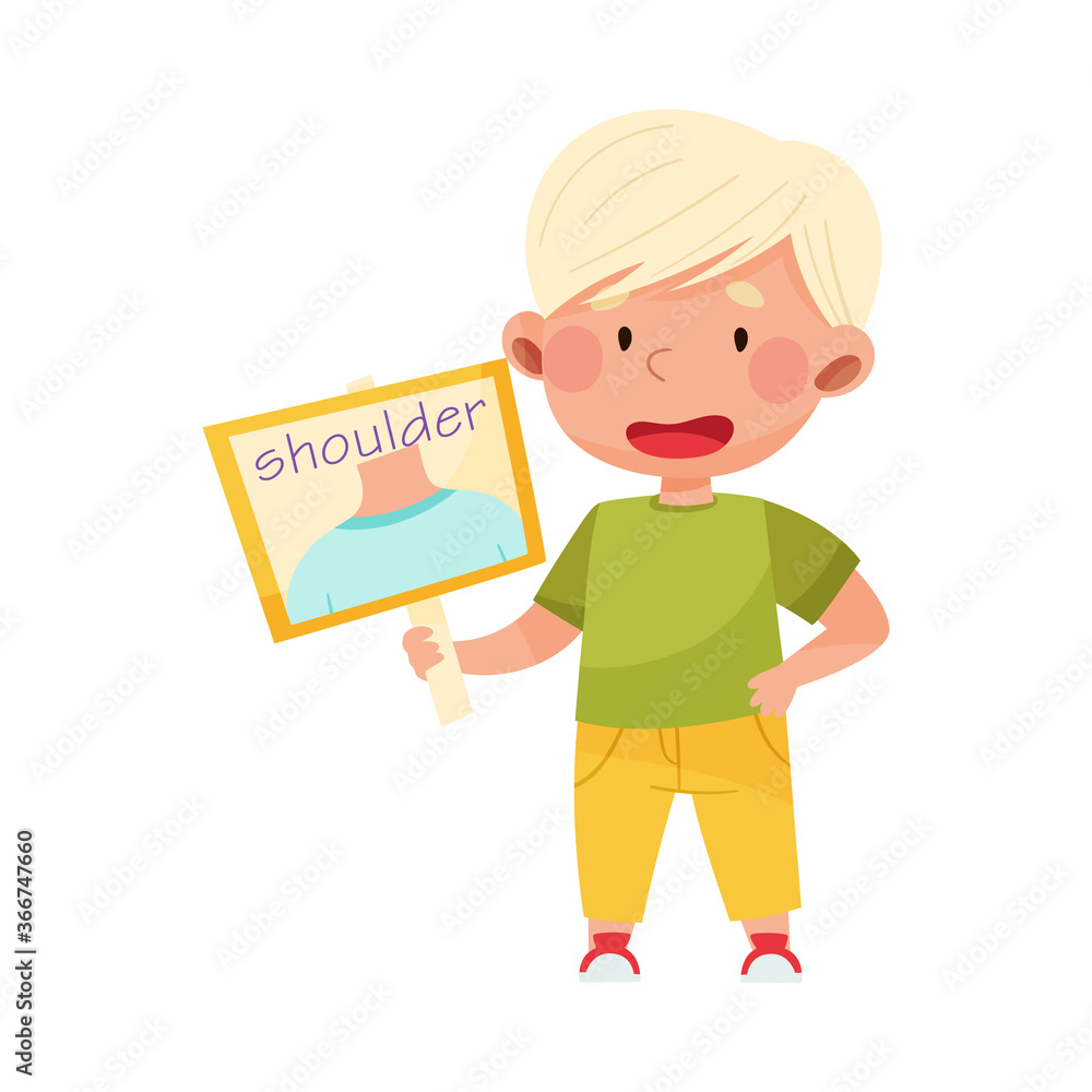 Cute Boy Character Holding Card with Shoulder Picture Vector Illustration