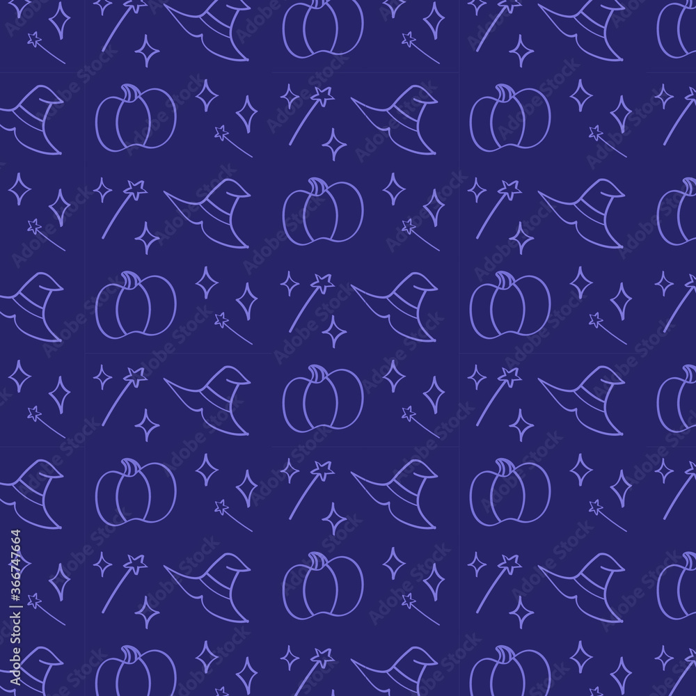 Halloween pattern with pumpkin, magic wand and witch's hat on purple background