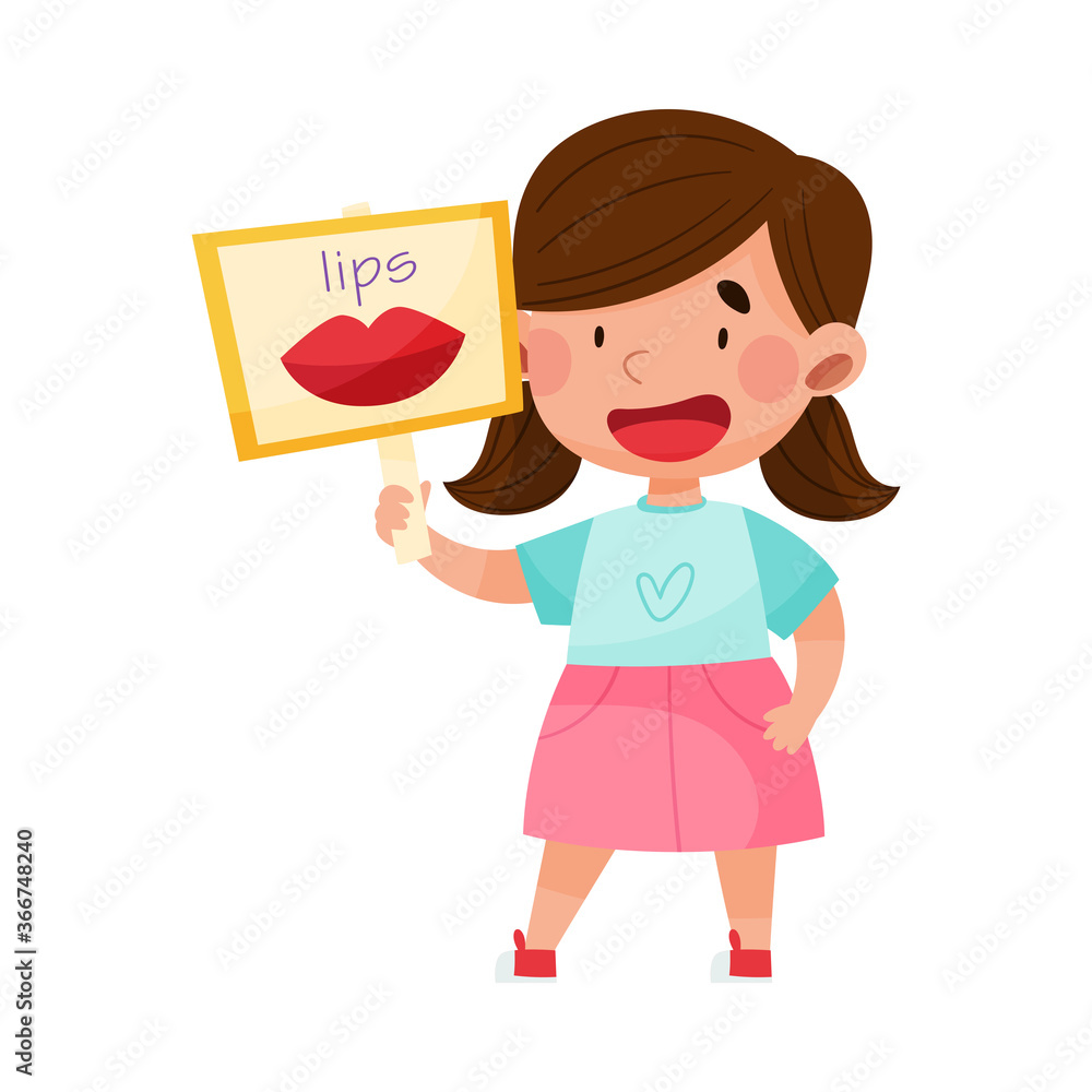 Smiling Girl Character Holding Flashcard with Lips Image Vector Illustration Smiling Girl Character Holding Flashcard with Lips Image Vector Illustration