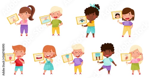 Little Kids Holding Cards with Body Parts Vector Illustration Set