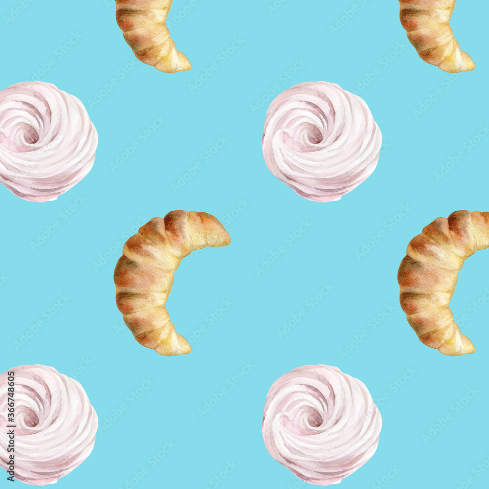 Watercolor sweet food pattern. Hand painted croissant and marshmallow seamless background. Illustration on blue. Watercolor sweet food pattern. Hand painted croissant and marshmallow seamless background. Illustration on blue.