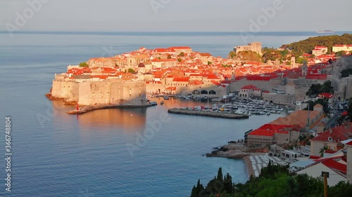 Time lapse clip. Aerial morning view of Dubrovnik city. Summer seascape of Adriatic sea, Croatia, Europe. Beautiful world of Mediterranean countries. Full HD video (High Definition).