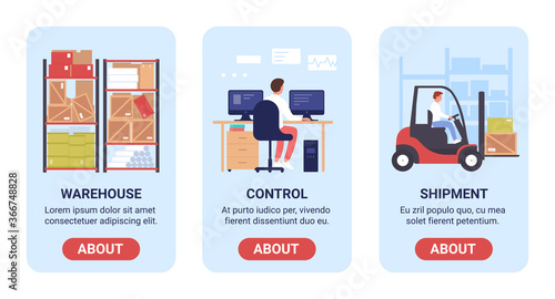 Warehouse work vector illustration banner set. Cartoon flat mobile app for warehousing company website, screen interface design with storage, control of loading and delivery distribution processes