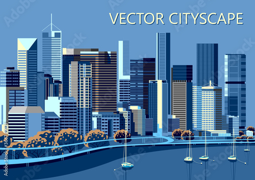 Fotografie, Tablou Vector cityscape with modern buildings, trees, embankment and yachts