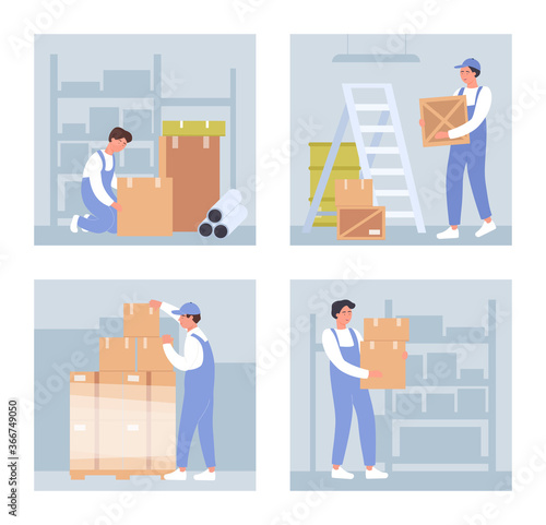 Warehouse workers vector illustrations. Cartoon flat warehousing staff people holding boxes, stacking boxes and packages in pallet, working on packaging goods in wholesale storehouse isolated on white
