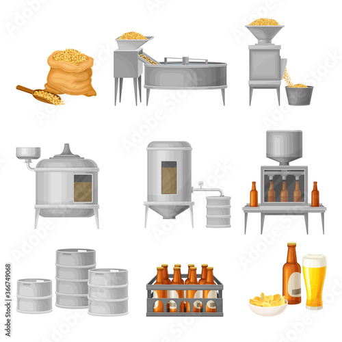 Beer Production with Cereal Grain Harvesting, Fermenting and Bottling Process Vector Illustration Set