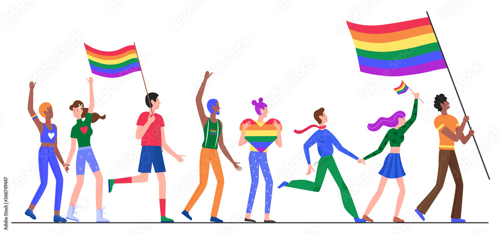 People On Lgbt Pride Parade Vector Illustration Cartoon Flat Lesbian Gay Bisexual Transgender