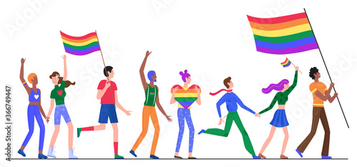 People on LGBT pride parade vector illustration. Cartoon flat lesbian gay bisexual transgender queer character group holding rainbow flag on sexual discrimination protest LGBT parade isolated on white