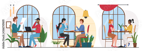 People eat in cafe flat vector illustration. Cartoon friend characters group eating lunch or dinner in cafeteria or food court interior, meeting for business or friendly conversation isolated on white