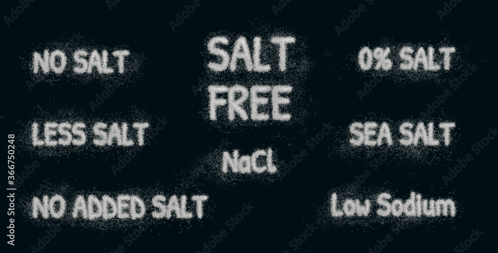 No salt, Salt free, NaCl, Low sodium. Reallistic illustration written with grains of salt against dark background. Easy to isolate. Food package and label design resource elements.

