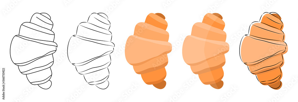 top view of french croissant in hand-drawn sketch, cartoon, flat orange and brown color, with outline style, stock vector illustration clip art objects, design element isolated on white background
