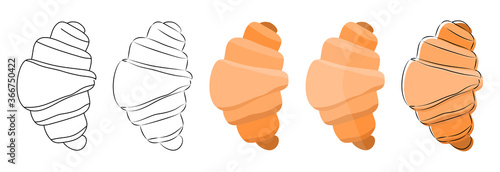 Obraz na płótnie top view of french croissant in hand-drawn sketch, cartoon, flat orange and brown color, with outline style, stock vector illustration clip art objects, design element isolated on white background w salonie