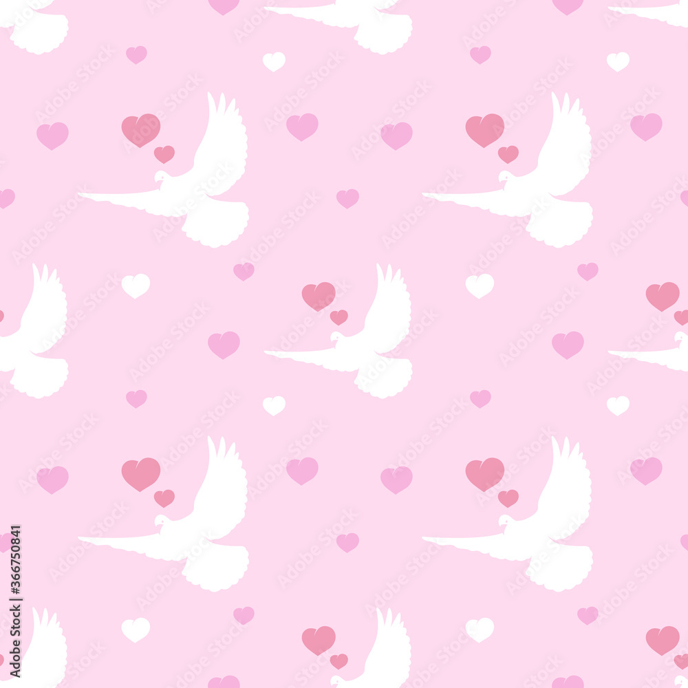 Vector seamless pattern of white doves with hearts on a pink background. Valentine's Day, Wedding, Birthday, Mother's Day, Fathers Day Romantic background. 