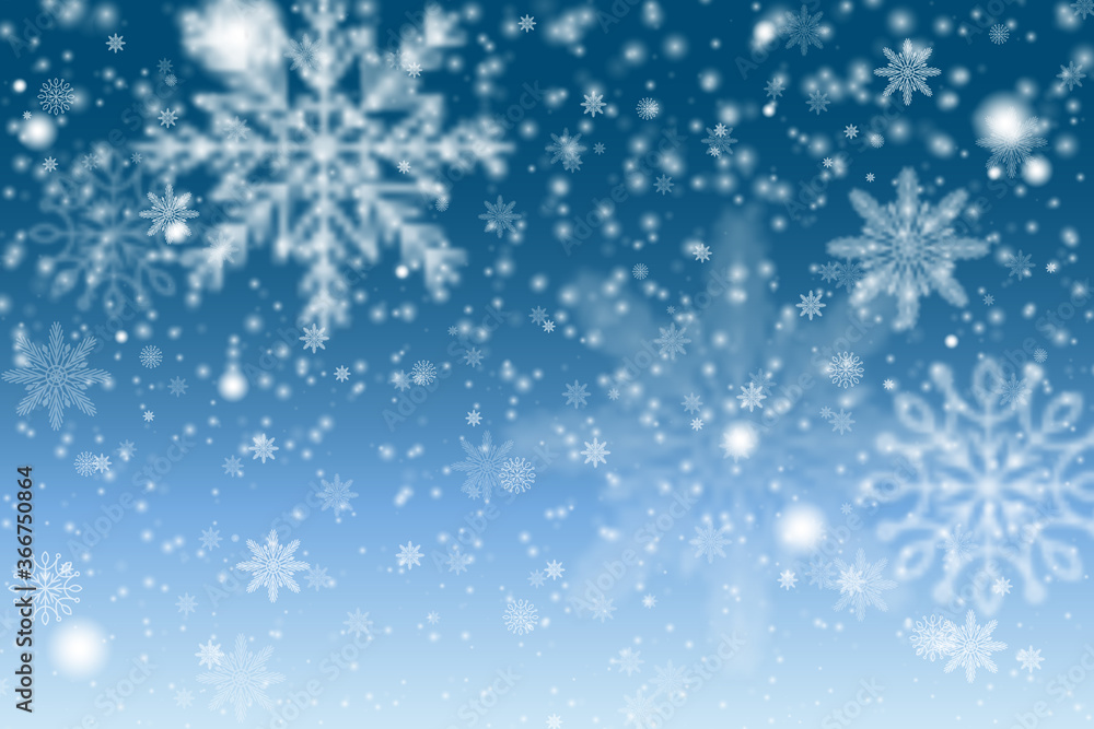 Christmas Snowflakes Shining, transparent beautiful falling snow isolated on blue background. Winter blue sky with falling snow, snowflake. 