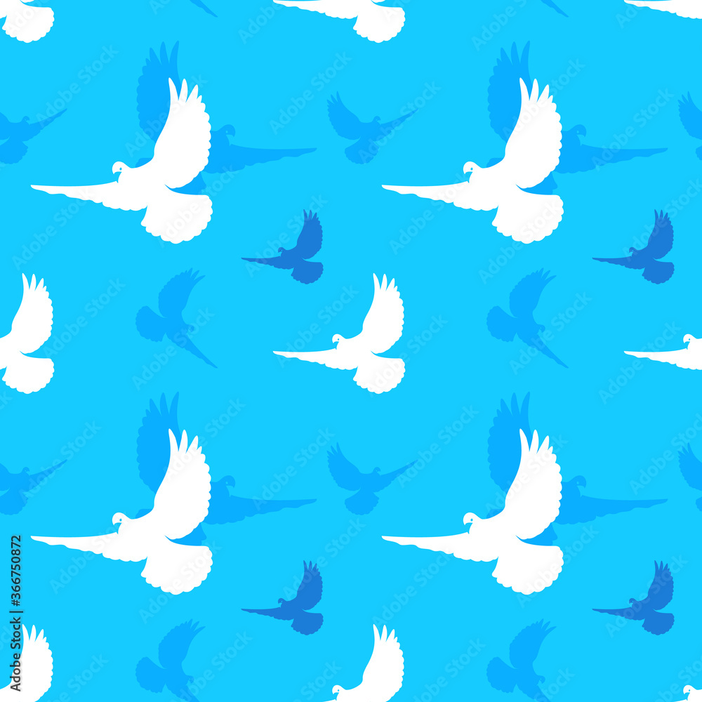 Fototapeta premium Seamless pattern with white doves on a blue background. wedding, birthday, romantic background. Love concept. Design for packaging, fabric, printing