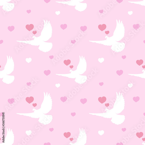 Canvas Print Vector seamless pattern of white doves with hearts on a pink background