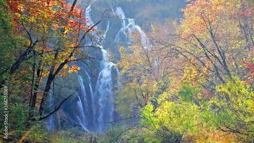 Morning view of pure water waterfall in Plitvice National Park. Amazing autumn scene of Croatia, Europe. Abandoned places of Plitvice lakes series. Full HD video (High Definition)..