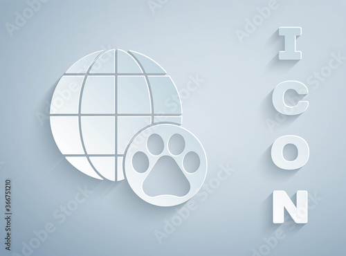 Paper cut World pet icon isolated on grey background. Paper art style. Vector.