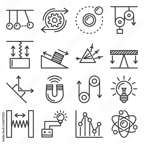 Science Physics Icons Set on White Background. Line Style Vector