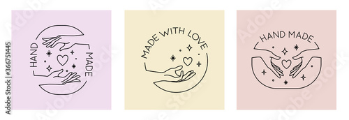 Vector set with trendy hand made labels and badges in linear modern style. Collection of emblems with gestures - hand made, made with love, donate concept