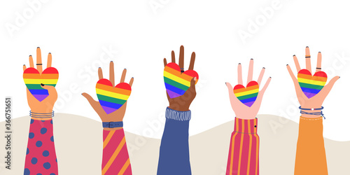 Vector illustration of cartoon flat Hands Holding Hearts with rainbow colors. LGBTQ+  symbol of Love, Freedom, Peace, Lesbian. Gay Pride Community Month
