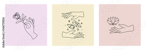 Vector set of female hand logos, icons in minimal linear style. Emblem design templates with hand gestures, rose, crystals and lotus for cosmetics, manicure, beauty, tattoo, spa, jewelry store