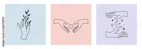 Vector set of female hand logos, icons in minimal linear style. Emblem design templates with hand gestures, plant, moon, stars and heart for cosmetics, manicure, beauty, tattoo, spa, jewelry store