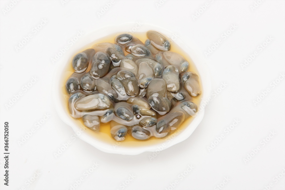 A plate of marinated yellow mud snails with edible snails on a white background A plate of marinated yellow mud snails with edible snails on a white background
