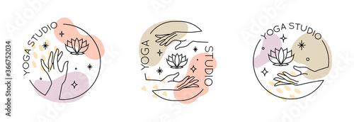 Vector set of abstract trendy linear logo with hands holding lotus flower and stars. Yoga emblem, label or icon isolated on white background