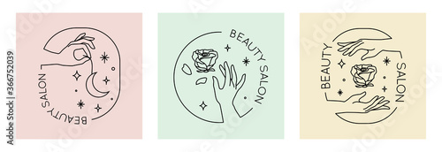 Vector set of emblems with female hand holding moon, stars and rose in trendy minimalistic linear style. Logo or icon for beauty salon, manicure, nail, beauty store.