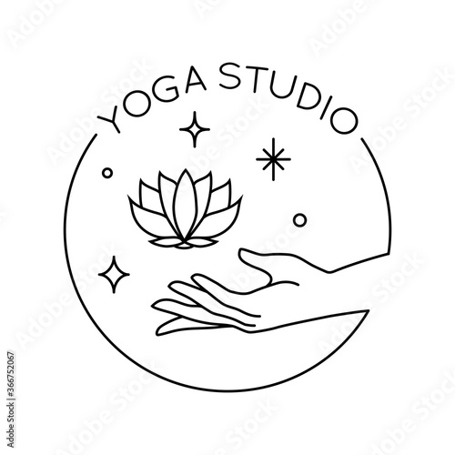Vector abstract trendy linear logo with hand holding lotus flower and stars. Yoga emblem, label or icon isolated on white background