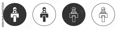 Black Stage stand or debate podium rostrum icon isolated on white background. Conference speech tribune. Circle button. Vector.