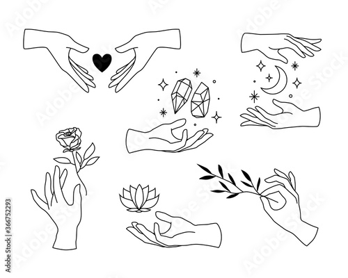 Vector set of female hand logos, icons in minimal linear style. Emblem design templates with hand gestures, rose, lotus, heart, moon and crystals for cosmetics, manicure, beauty, tattoo, jewelry store