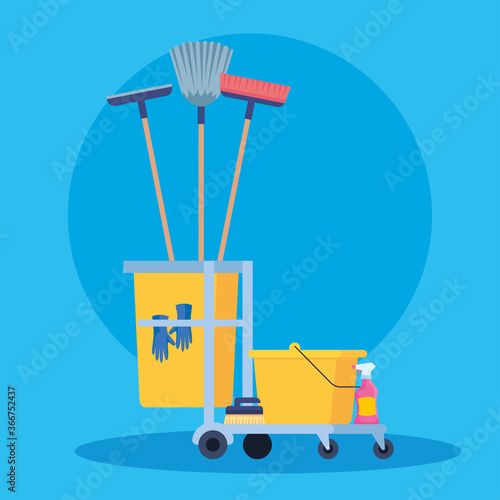 cleaning trolley with equipment icons