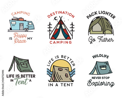 Camping adventure badges logos set, Vintage travel emblems. Hand drawn line art stickers designs bundle. Hiking tent journey, campers quotes labels. Outdoor camper insignias. Stock vector set