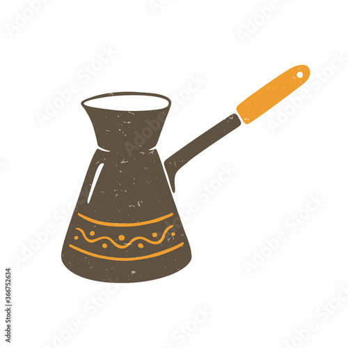 Cute brown cezve with orange tracery isolated on a transparent background. Turkish coffee maker. Vector shabby hand drawn illustration