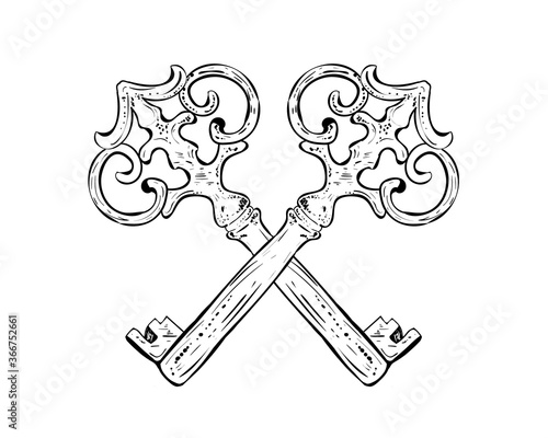 Crossed keys, vintage antique art vector logo 