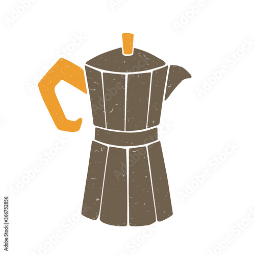 Cute brown geyser coffee maker with orange handle isolated on a transparent background. Moka pot. Vector shabby hand drawn illustration