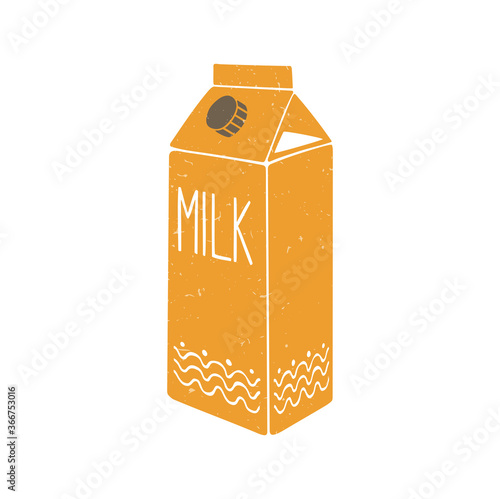 Cute milk carton box isolated on a transparent background. Vector shabby hand drawn illustration