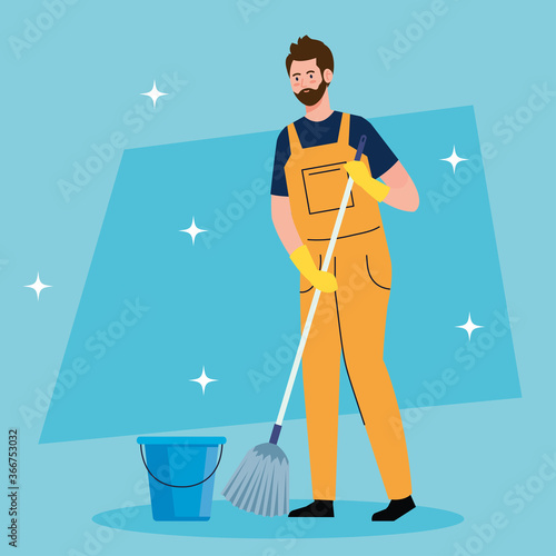 man cleaning worker with mop and bucket, man janitor with mop and bucket